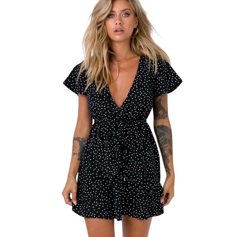 NWT Princess Polly Bobbie Ruffle Mini Dress in Black & White Polka Dot Women's 6